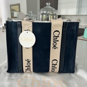 Chloe Medium Woody Tote - Suede Navy Blue
